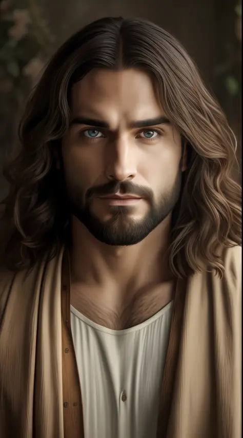Seth Rollins as Jesus Christ, focus on the details of the face, similar to seth rollins, wearing long beige tunic of Jesus, Jesus style of the Bible, realistic image, background of the heavenly garden image with animals and flowers, best quality, 8k, focus...