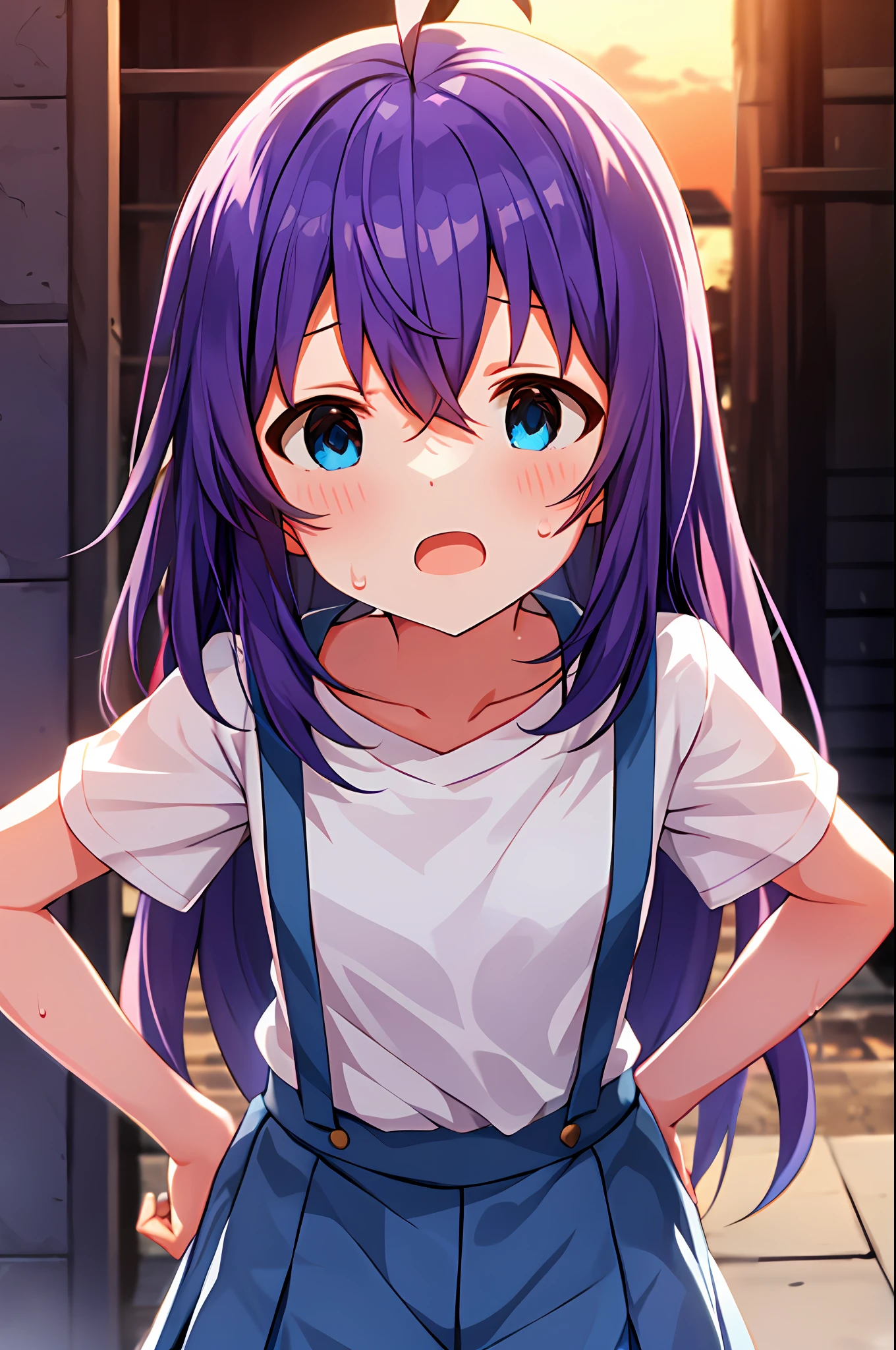 mochizuki anna,1girl in,Solo,Long hair,Purple hair,Medium chest.Ahoge,Blue eyes.Short stature.white t-shirts.suspenders.Skirt.Evening glow.the setting sun.Despair face.Sweat.Opening Mouth.up chest.put hands on the hip.