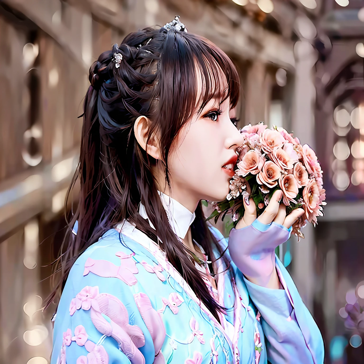 The Aalfed woman holds a bouquet of pink roses in front of the lattice, With flowers, blackpink jennie, shaxi, jia, Holding flowers, full bloom, carrying flowers, flowers on the cheeks of the heir, krystal, inspirado por Kim Jeong-hui, her face looks like an orchid, with frozen flowers around her, flower, Holding a flower, laughing sweetly