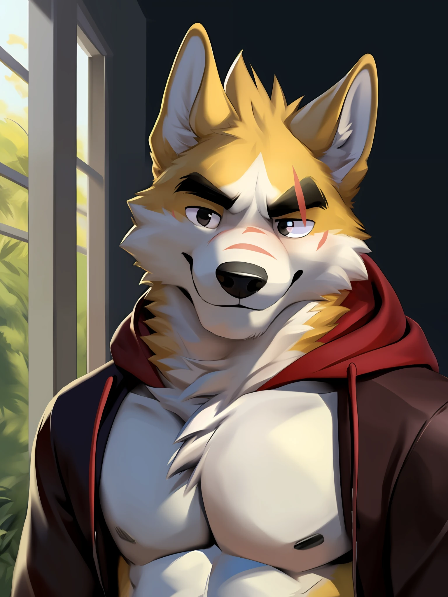 tmasterpiece， Best quality at best， nj5furry，shaggy male， 1boys， hairy pubic， malefocus，Fierce eyes，tsundere， solo， Animal ear， formal， Wolf ears， Wolf Boy， ssmile，
White fur，Yellow fur，Brown fur，two tone fur，黑The eye，black shirt，Red hood，black   hoodie，Thick eyebrows，coda，Yellow ears，
（（full bodyesbian，）），
author：Chunni