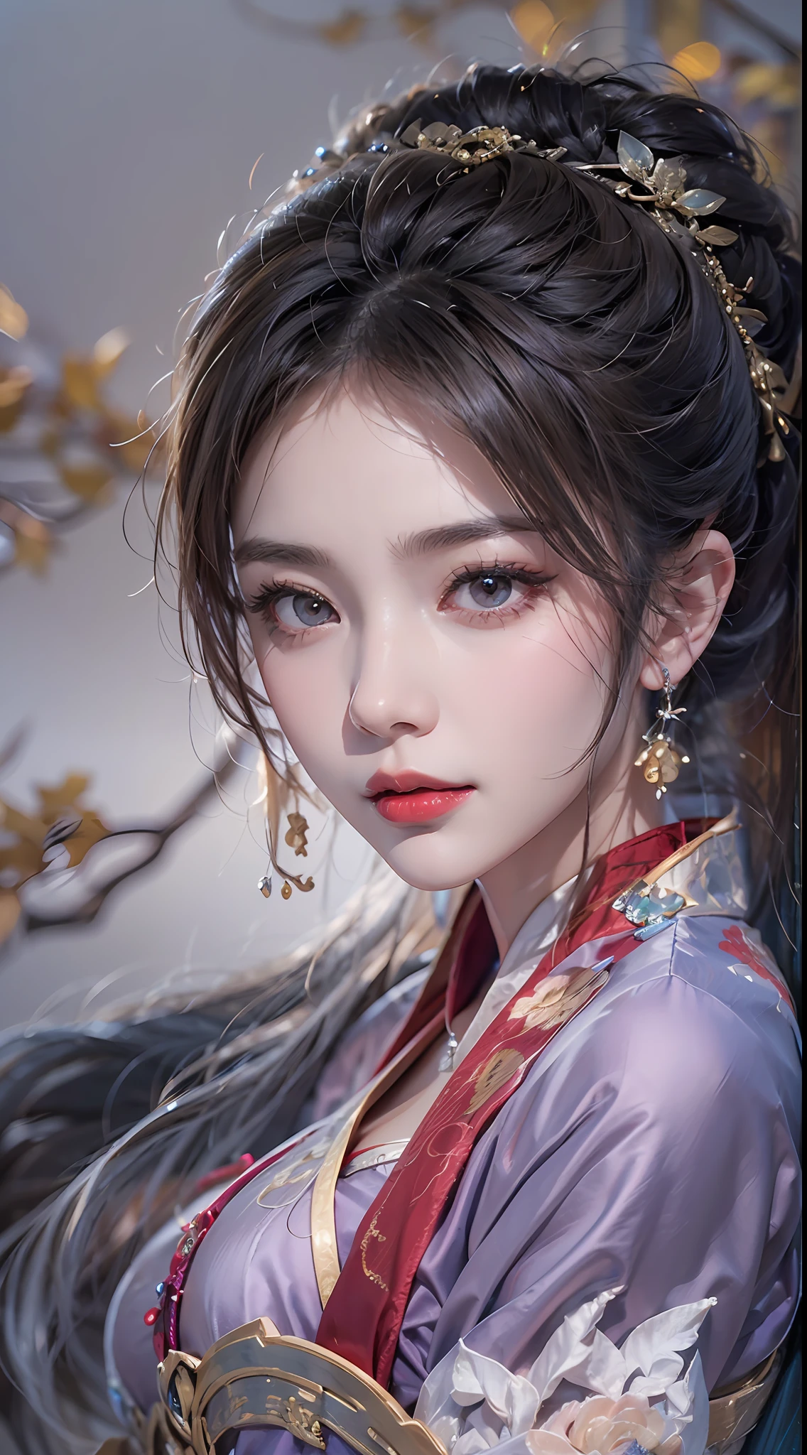 1 beautiful Van Hi girl in hanfu dress, The 27-year-old girl with the face of an old lady, Korea Doll, thin purple silk shirt with many white textures, white lace top, long platinum purple ponytail, hair jewelry, ear jewelry, necklace and necklace , meticulously drawn large light purple eyes, meticulous makeup, thin eyebrows, high nose, pretty red lips, not smiling, pursed lips, rosy cheeks, enlarged breasts, huge breasts, well-proportioned breasts, slim waist, purple mesh socks, chinese hanfu style, fictional art textures, vivid and realistic colors, RAW photos, realistic photos, ultra high quality 8k surreal photos, fantasy lighting effects, 10x pixel, magic effect (historical house background: 1.8), super detailed eyes, girl portrait, girl alone, (historical hanfu: 1.8)