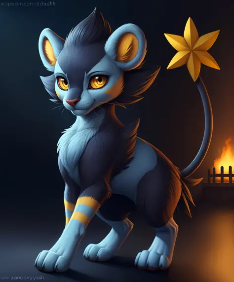 luxray, yellow eyes, red sclera, (pose:1.3), (posing:1.3), (soft shading), 4k, hi res, ((detailed face, (detailed eyes:1.0), det...