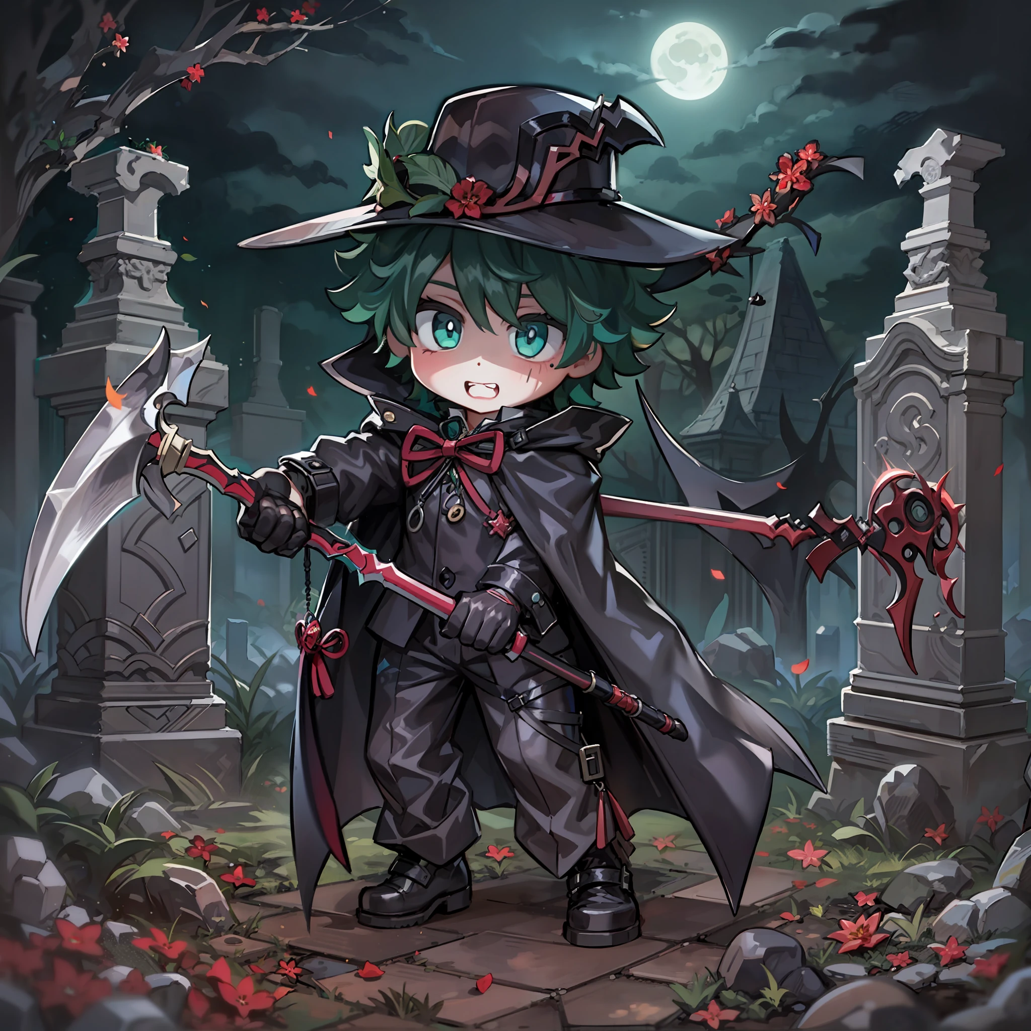 masterpiece, best quality, chibi,  Izuku Midoriya as the grim reaper wearing plague doctor's clothes wielding a scythe on a cementary under the crimson moonlight