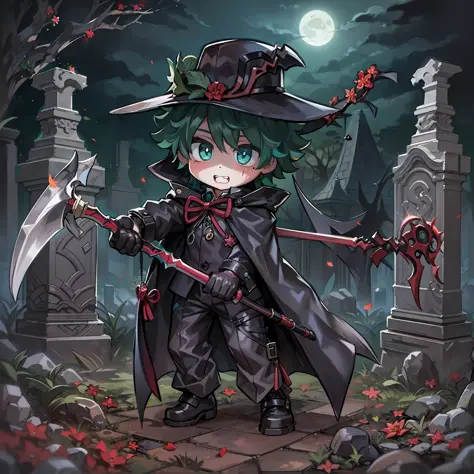 masterpiece, best quality, chibi,  Izuku Midoriya as the grim reaper wearing plague doctor's clothes wielding a scythe on a ceme...