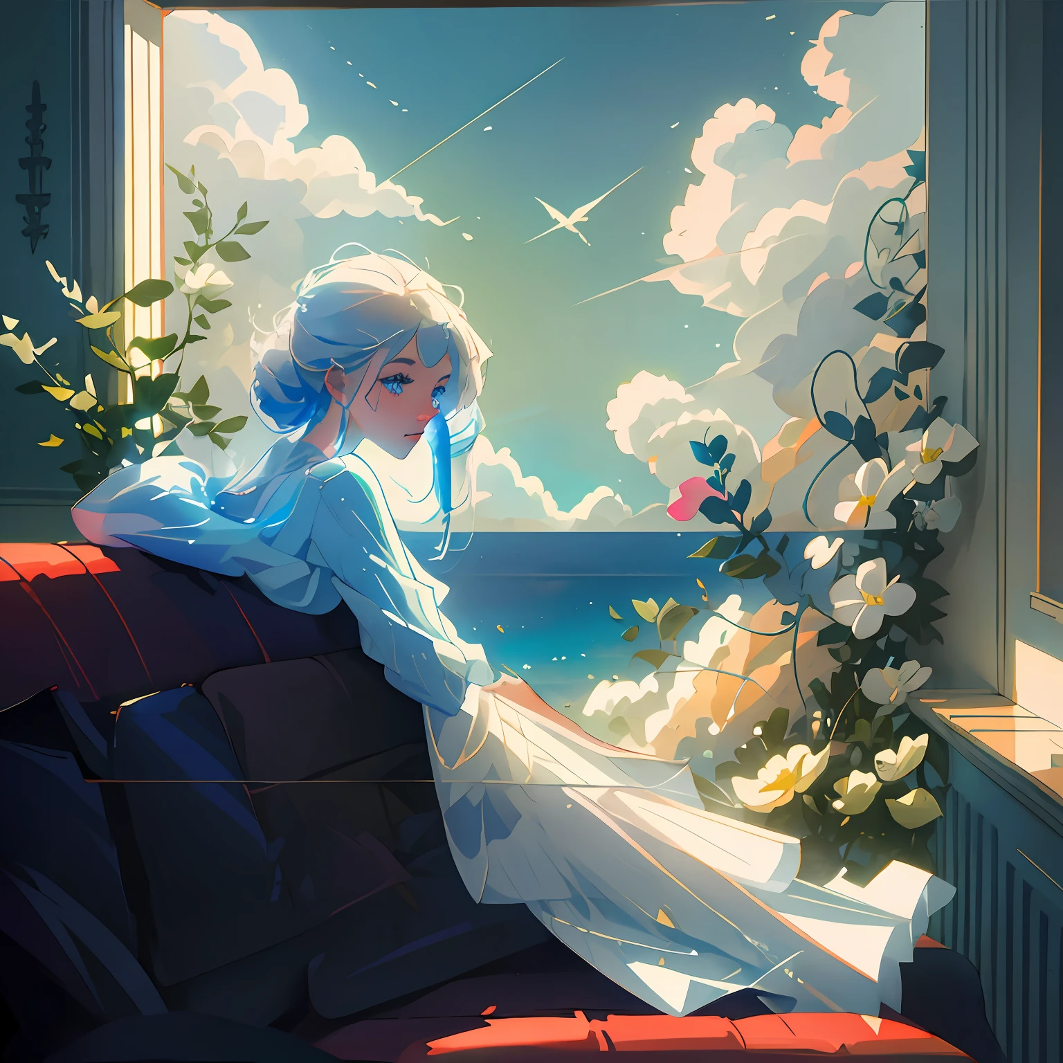 1girll,long whitr hair+eBlue eyes:1.2)sideface，with fair skin，Hands on your head,sitting in the couch，Rest your head on the windowsill,There is wind，There are flowers on the windowsill，45 degrees up at the sky,Show half body，Focus on depicting the blue sky and white clouds on the windowsill and outside the window,the sea，Show the landscape，Fine light and shadow,Lots of details,Side lights on the sides,Close-up side face，high-definition picture quality,Particle rendering.