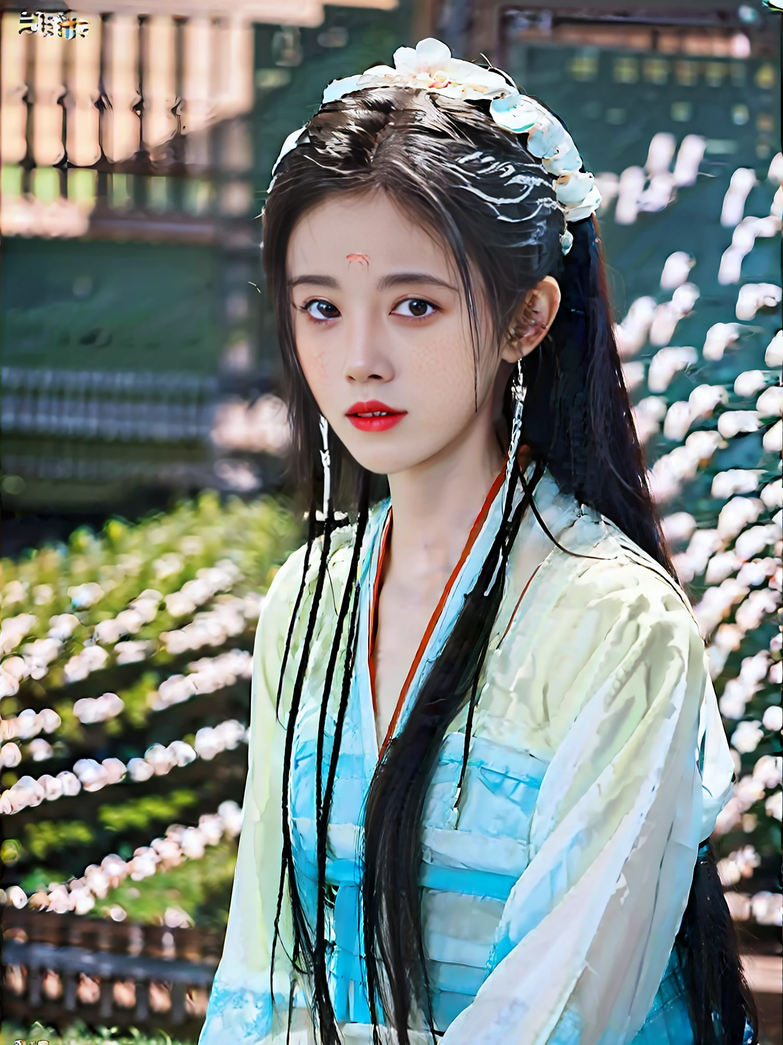 Close-up of a woman in a blue dress standing in a flower field, Palace ， A girl in Hanfu, beautiful Korean women, Chinese girl, Traditional beauty, Inspired by Huang Ji, Beautiful young Korean woman, Korean girl, White Hanfu, Beautiful image, author：Zhang Han, with acient chinese clothes, Hanfu, Beautiful Asian girl