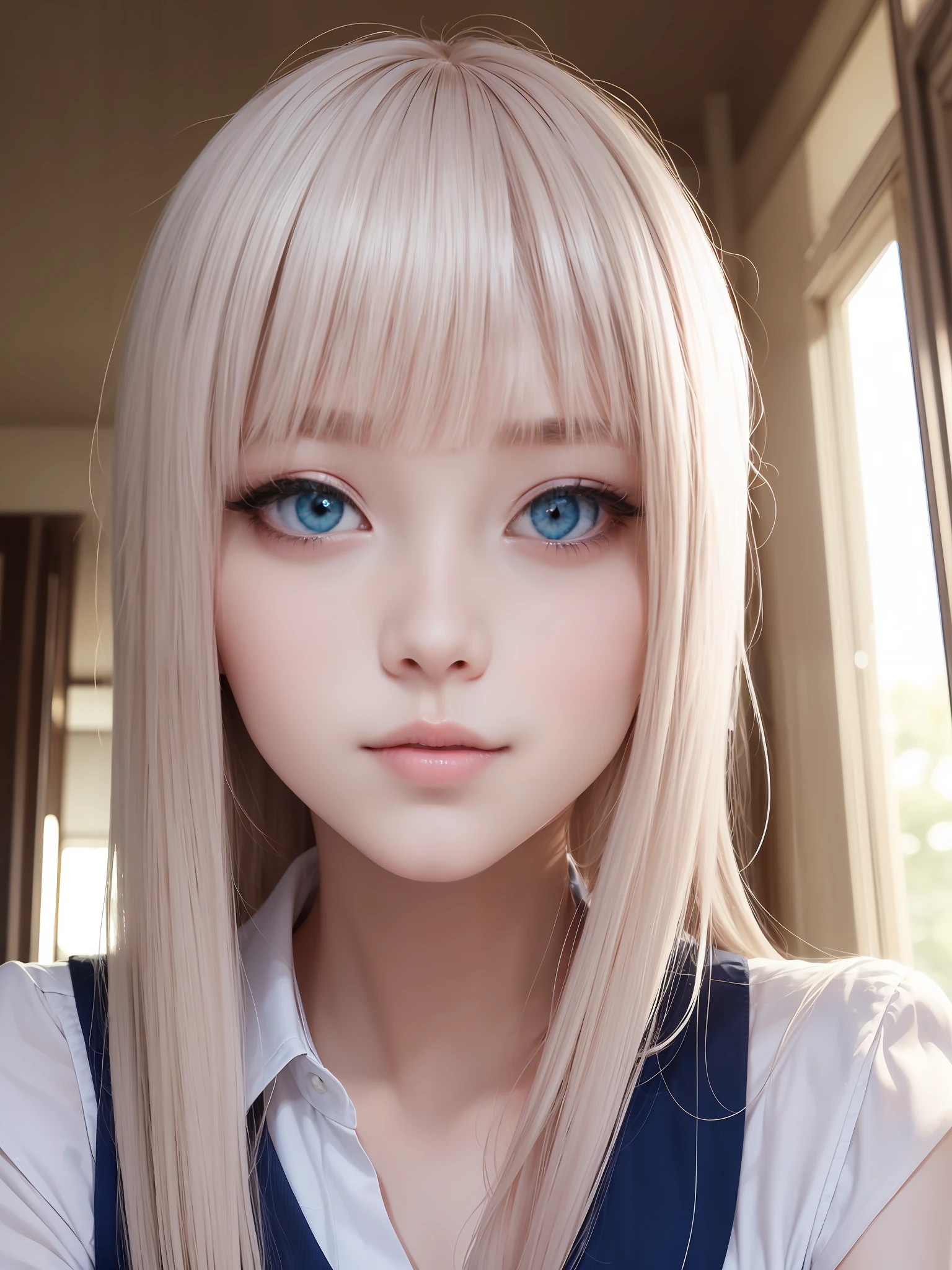 Super long platinum blonde hair、Bangs between the eyes、Smooth ultra silky straight hair、Pink school uniform、shiny young white beautiful skin、Sexy and very beautiful good looks、Beautiful and cute face、Glowing crystal clear big blue eyes、17 years old ultimate cute beautiful girl、