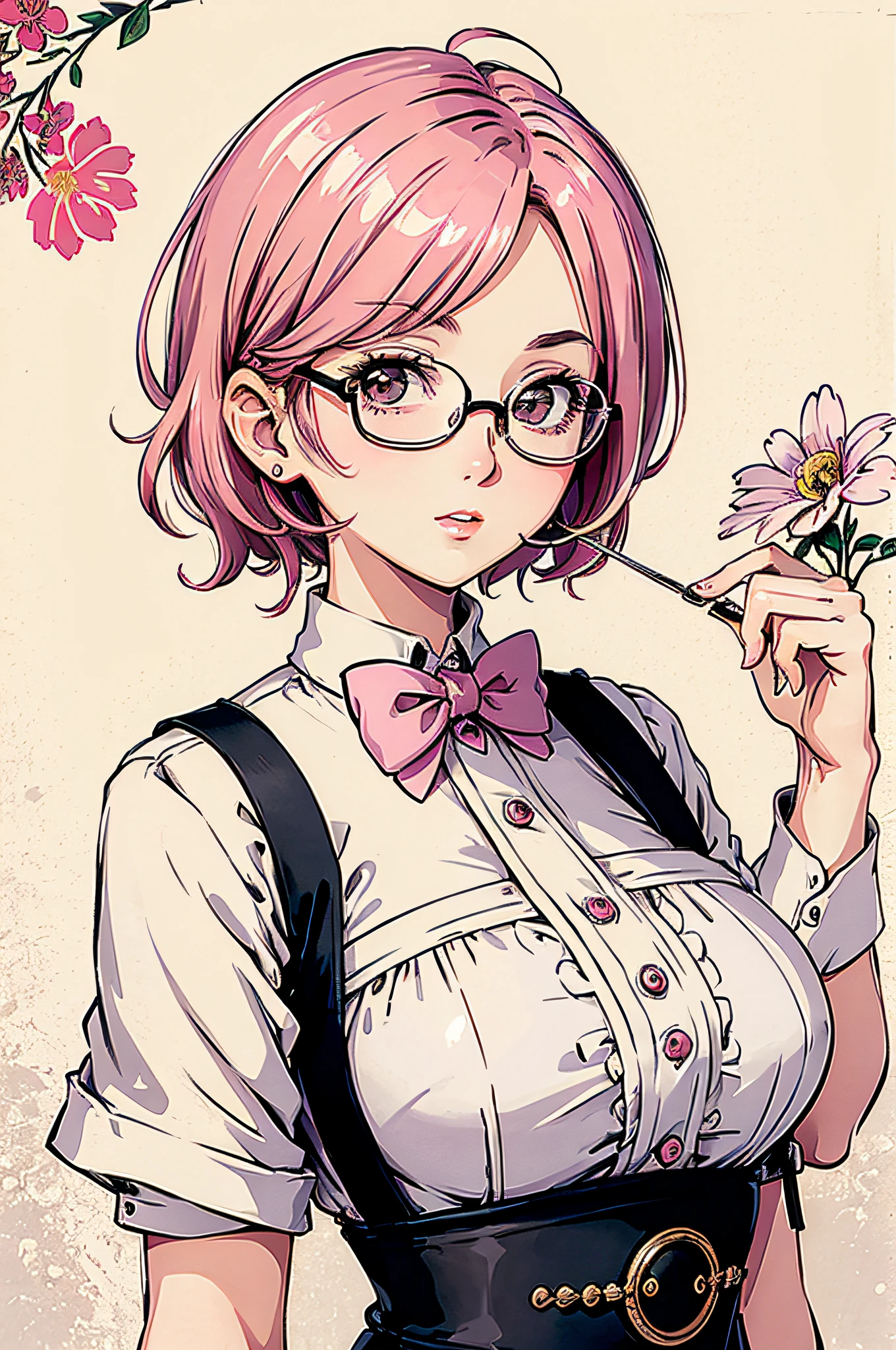 (masterpiece:1.2, best quality), (dinamic lighting) 1lady, solo, short hair, big breasts,  (shiny skin:1.2), upper body, monocle, glasses, modern, wavy pink hair,Suspenders, flower on ear, harajuku style, hair pin, loli ,ahoge