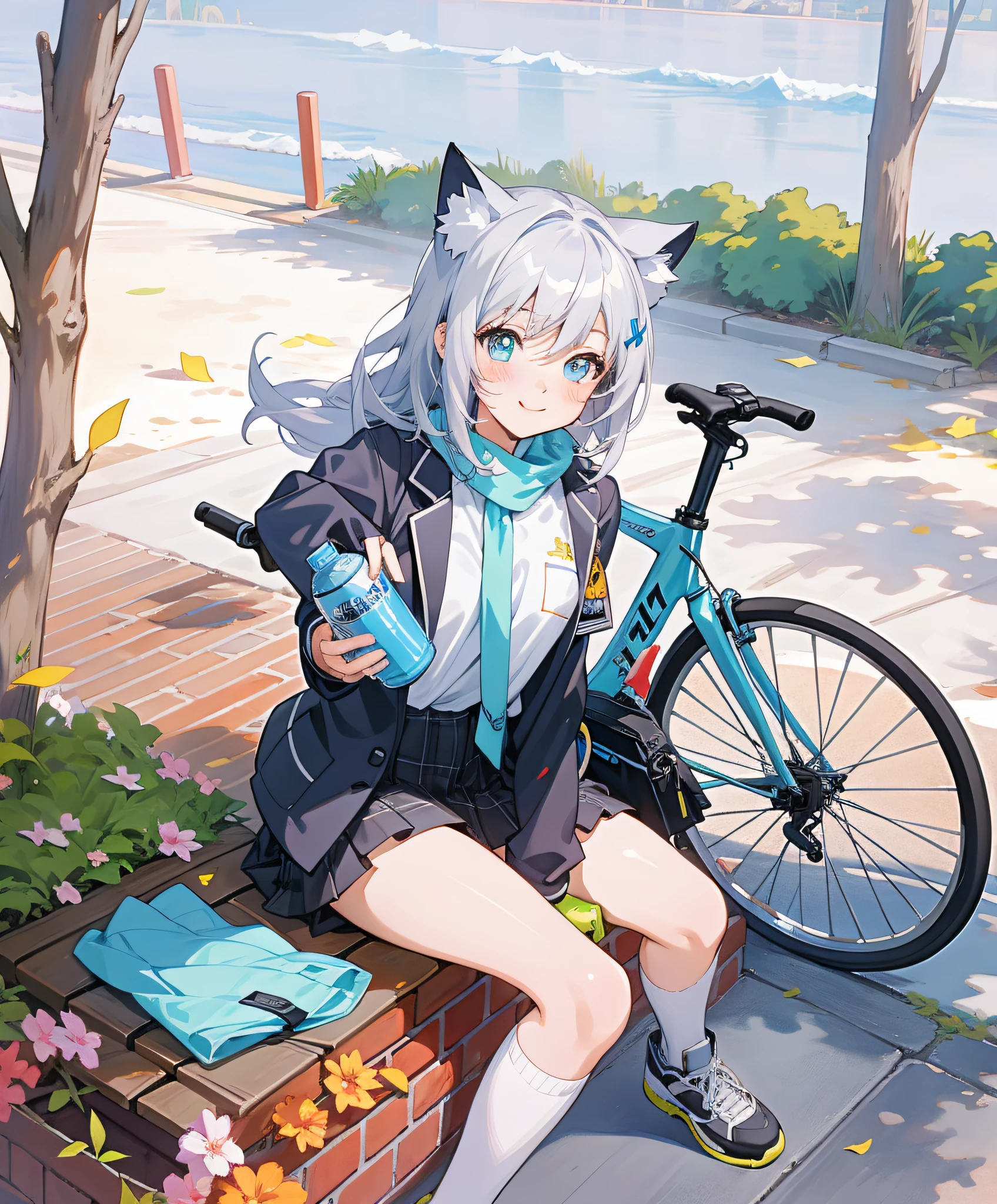 Anime girl sitting on bench, riding a bike and water bottle, anime girl drinking energy drink, anime style 4 K, anime moe art style, anime style. 8k, beautiful anime catwoman, popular on ArtStation pixiv, cute anime catwoman, mikudayo, high quality anime art style, beautiful anime high school girls, extreme light and shadow, smile, ultra hd, highlight cat ears, beautiful background, warm colors, best quality, pixiv, splash anime art, cute anime style, silver white hair, meticulously portrayed face, meticulously portrayed eyes