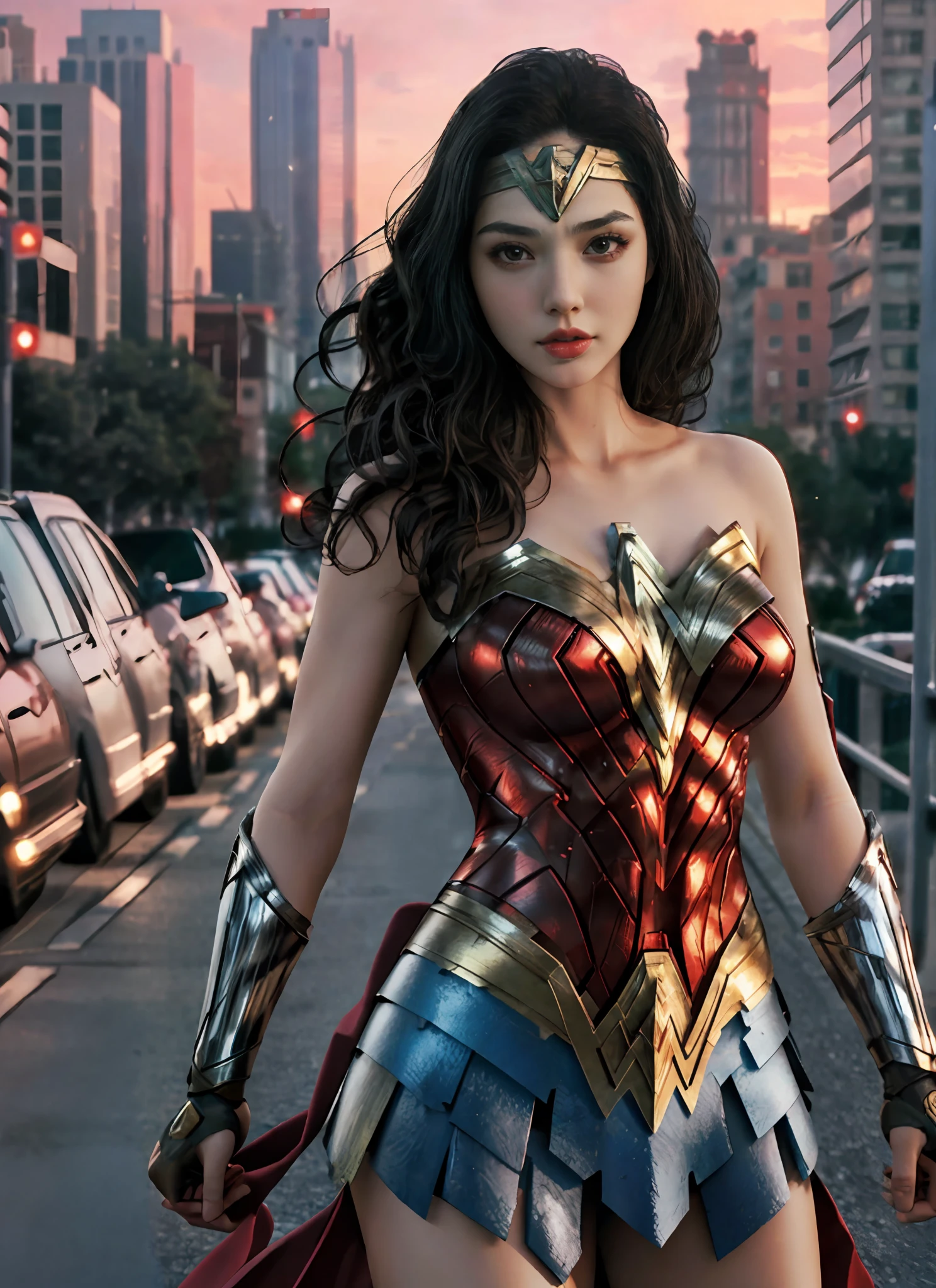 meilleure qualité, 1fille, seulement, Wonder Woman, seins, regarder le spectateur, haut du corps, cheveux noirs,  yeux marrons,  paysage urbain, arrière-plan flou,