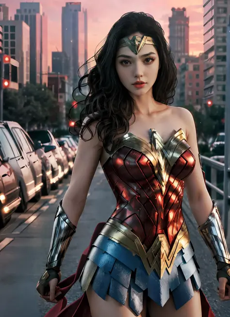 best quality, 1girl, solo, wonder woman, breasts, looking at viewer, upper body, black hair,  brown eyes,  cityscape, blurry bac...