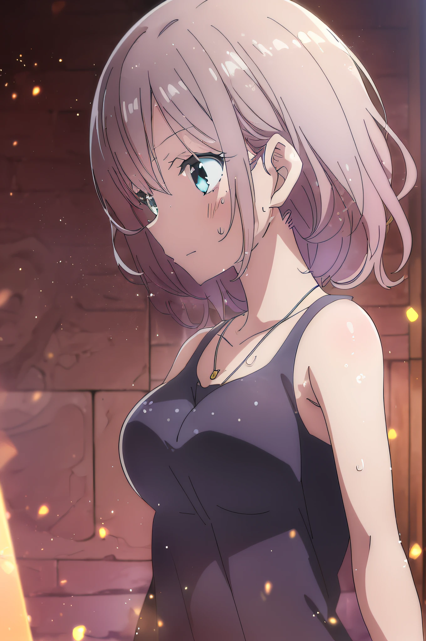 (top-quality,animesque,Anime Art Style,:1.5), Slender 13 year old girl, Sweating,summer  dress,Looking away,Sleeveless,Shines,Particles of light、nice angle、