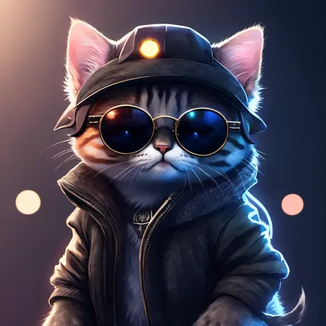 There is a cat wearing a hat and sunglasses on a dark background, painting digital adorable, arte digital detalhada bonito, arte digital bonito, gato cyberpunk, Trending in ArtStation 4K, olhando heckin legal e elegante, bonito 3 d render, trending on arts...