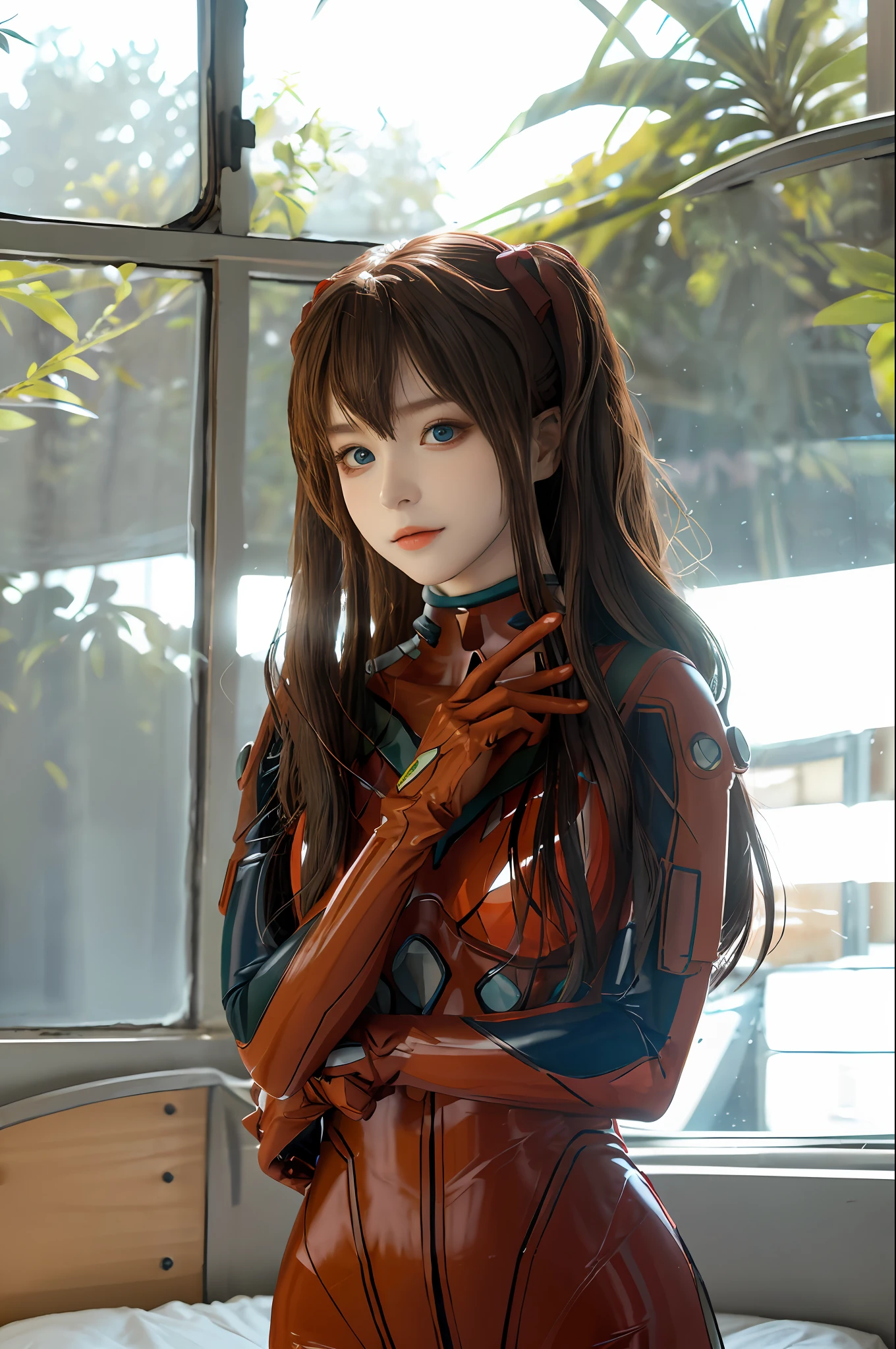 4K, 8K, (Masterpiece, best quality:1.2), blue eyes, perfect face, cosplay, professional photo, photo, photorealism, modelshoot style, portrait of shirogane, red plugsuit, feminine, bedroom, bed, sheets, window, plants, upper body, face shot