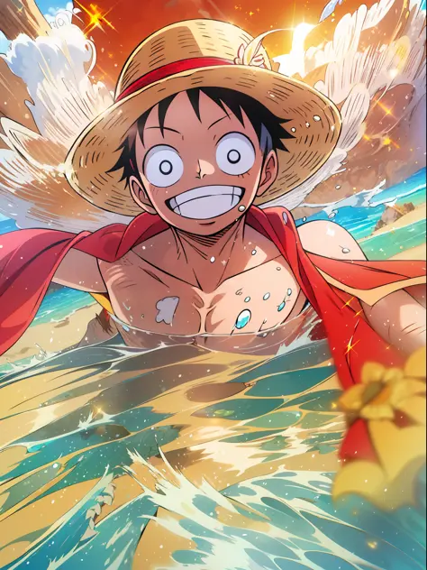 (a beautiful beach),(clear blue sky),(golden sand),(calm ocean),(happy luffy),(playing in water),(straw hat),(red t-shirt),(bright sun),(dynamic camera angle),(sparkling water),(vibrant colors)