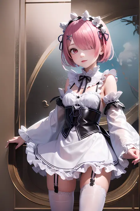 masterpiece, best quality, highres, ram1, 1girl, solo, ram \(re:zero\), pink hair, white thighhighs, short hair, red eyes, hair ...