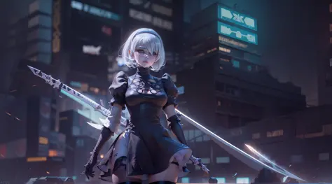 2b nier automata, yorha modelo 2, cana, falda muy, muy corta, ultra realista, kinematics, ultra detallado, chica de anime con es...