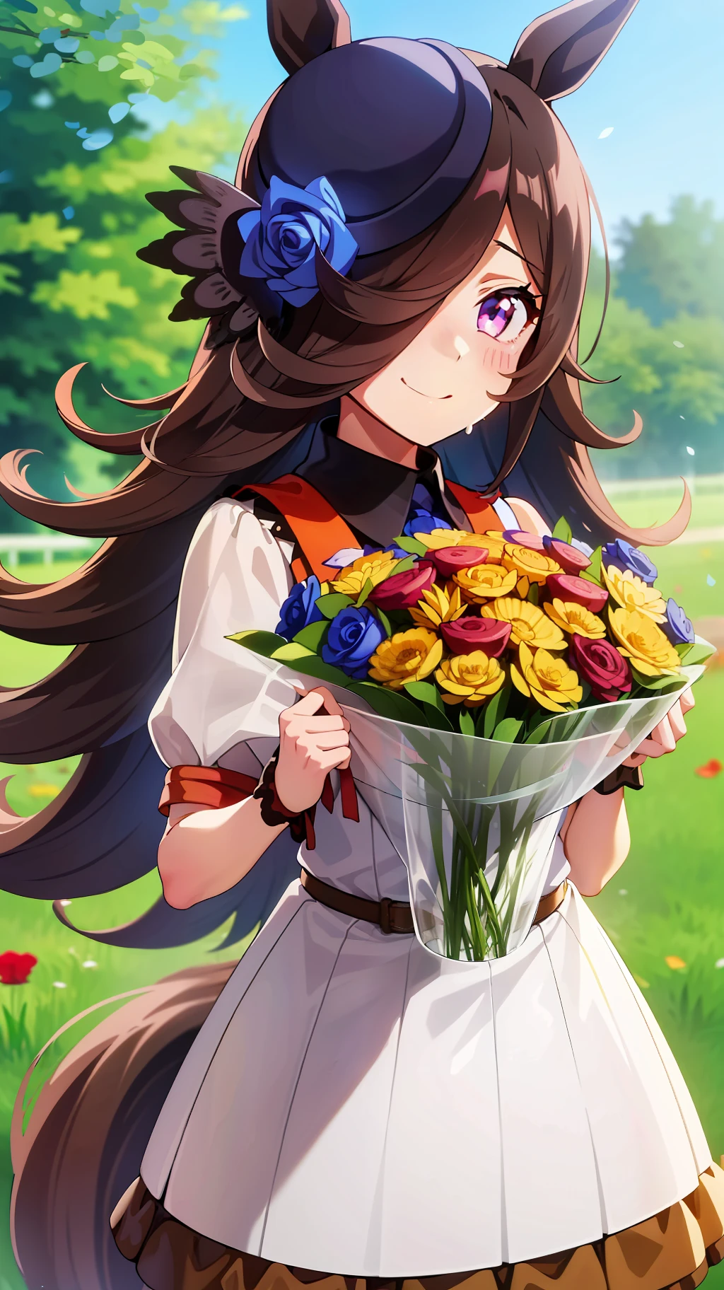 a picture of a girl dressed in anime clothes standing outdoors with flowers in the background, 1girl, animal ears, solo, rice shower (umamusume), horse ears, flower, long hair, hair over one eye, smile, blush, horse girl, outdoors, dress, brown hair, closed mouth, looking at viewer, white dress, hair ornament