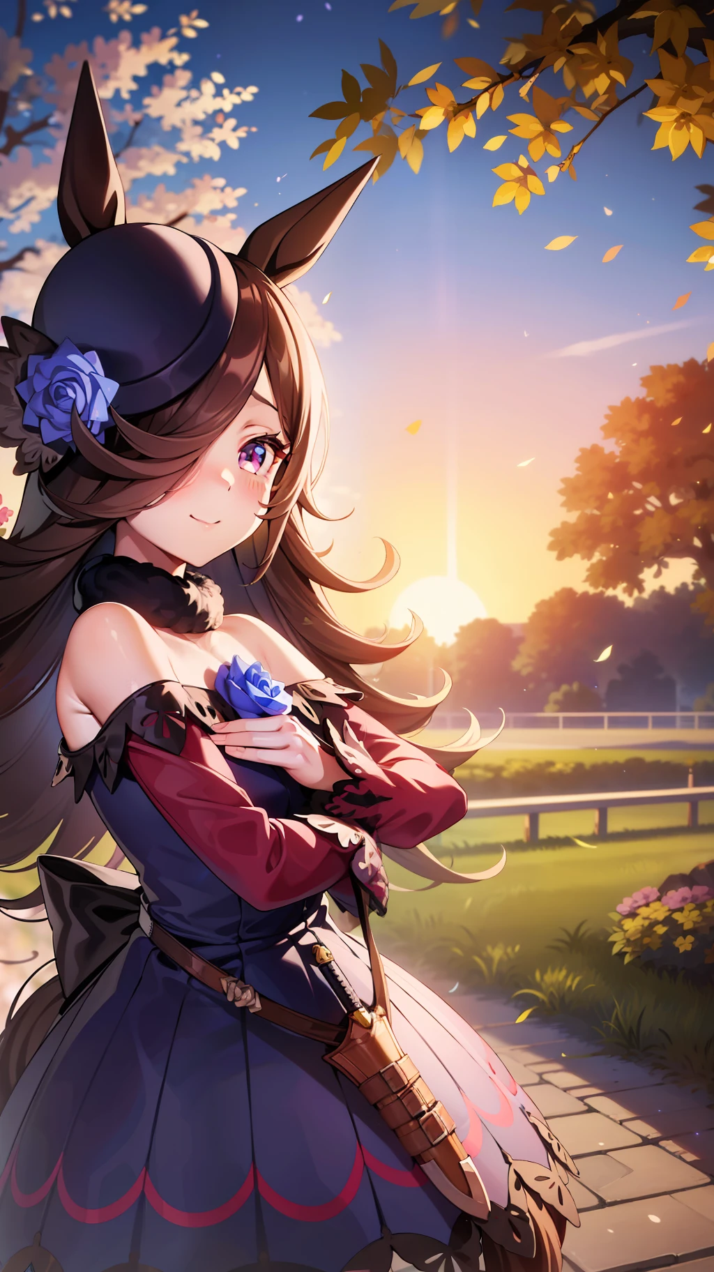 a picture of a girl dressed in anime clothes standing outdoors with flowers in the background, 1girl, animal ears, solo, rice shower (umamusume), horse ears, flower, long hair, hair over one eye, smile, blush, horse girl, outdoors, dress, brown hair, closed mouth, looking at viewer, white dress, hair ornament