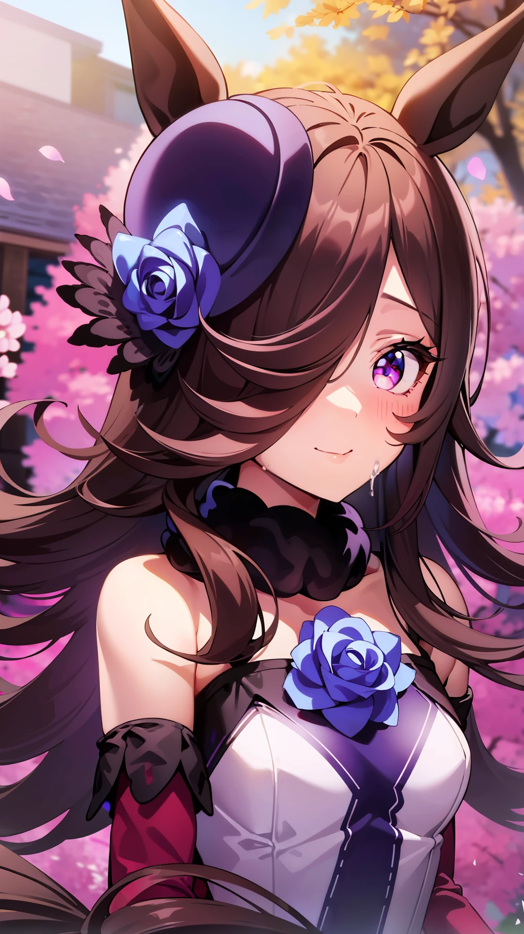 a picture of a girl dressed in anime clothes standing outdoors with flowers in the background, 1girl, animal ears, solo, rice shower (umamusume), horse ears, flower, long hair, hair over one eye, smile, blush, horse girl, outdoors, dress, brown hair, closed mouth, looking at viewer, white dress, hair ornament