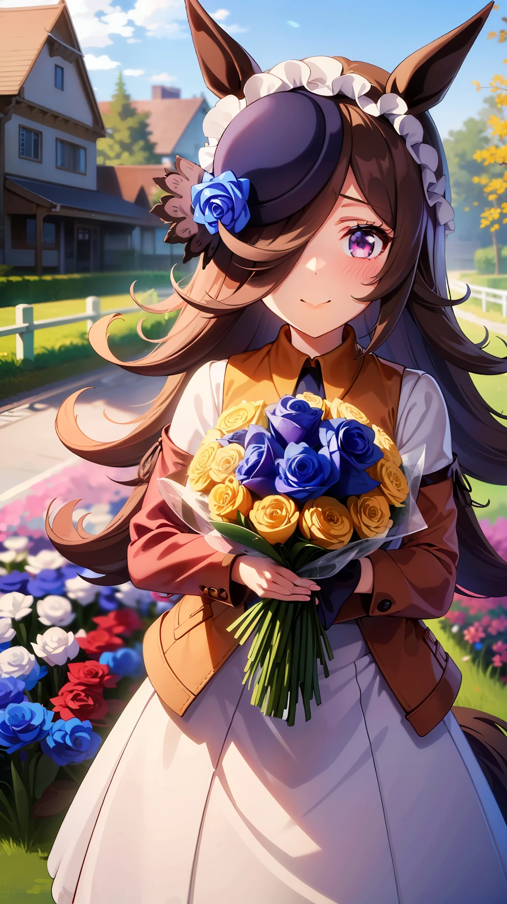 a picture of a girl dressed in anime clothes standing outdoors with flowers in the background, 1girl, animal ears, solo, rice shower (umamusume), horse ears, flower, long hair, hair over one eye, smile, blush, horse girl, outdoors, dress, brown hair, closed mouth, looking at viewer, white dress, hair ornament