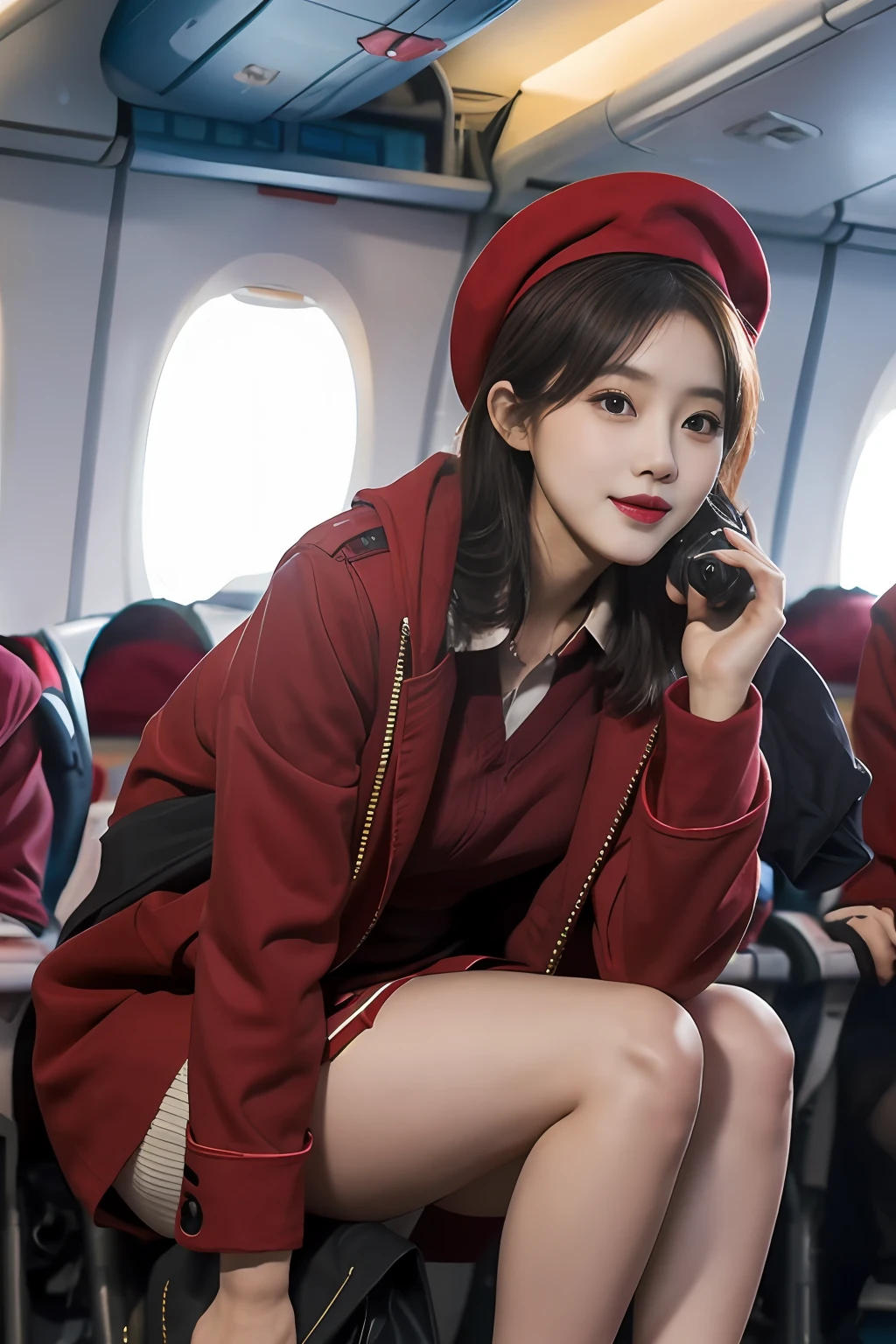 (Best quality: 1.1), (Realistic: 1.1), (Photography: 1.1), (highly details: 1.1), (1womanl), airline stewardess,red coat,short skirt,black lence stockings,bent down,mix4,in plan,In the plane,Hat