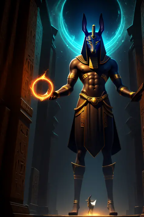 Anubis god, egyptian god, standing pose, handing book, portal background, cinematic scene --auto