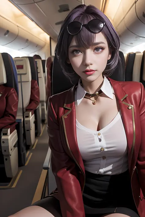 (Best quality: 1.1), (Realistic: 1.1), (Photography: 1.1), (highly details: 1.1), (1womanl), airline stewardess,red coat,short s...