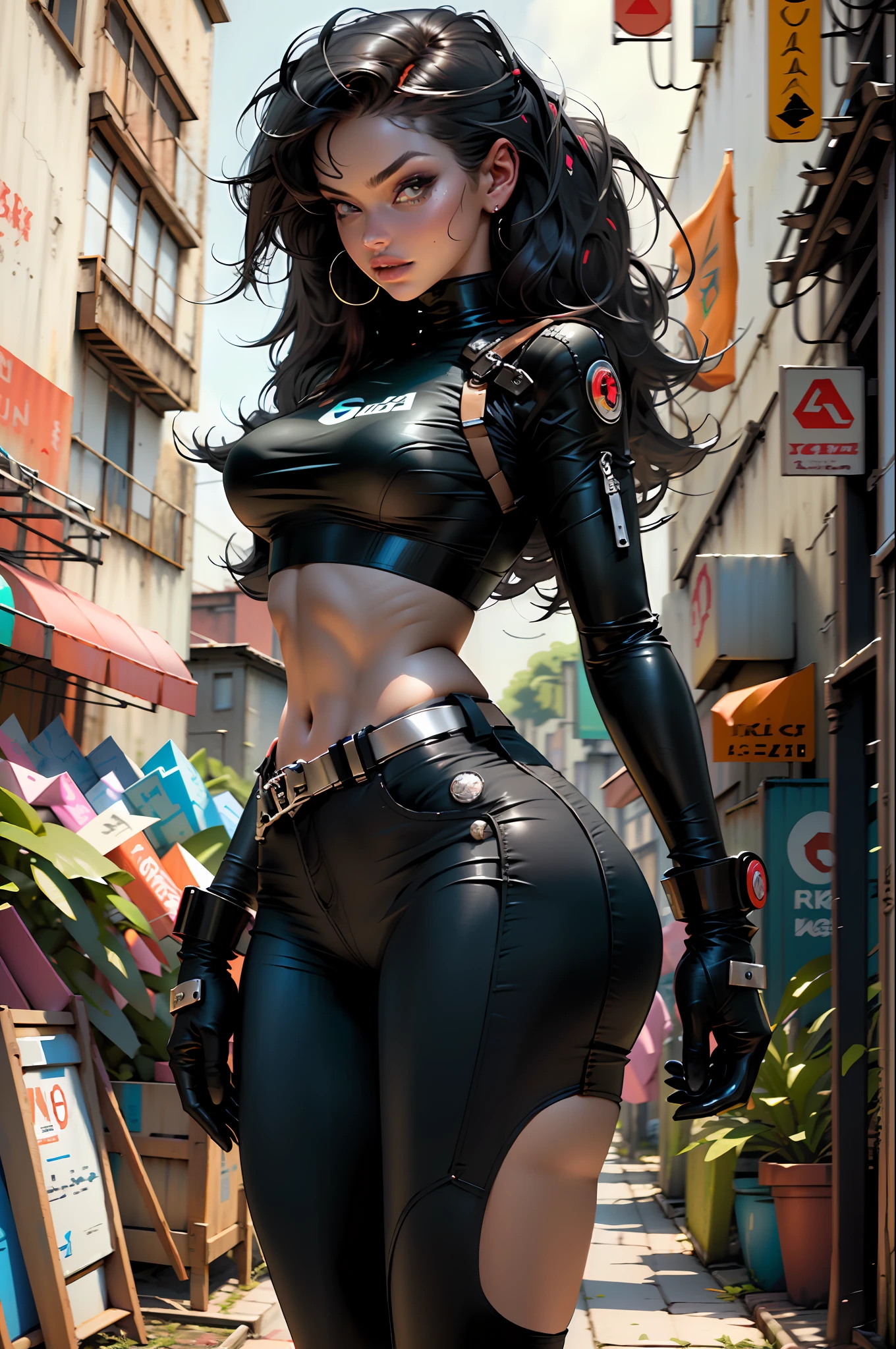 Arafed woman in a black latex outfit walking down a street - SeaArt AI