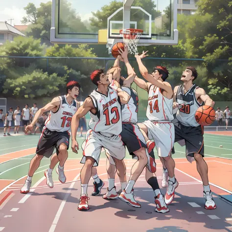 wearing basketball jersey,basketball, full team, wearing track and field suit, opening shot, jinyiwei, extremely quality, playin...