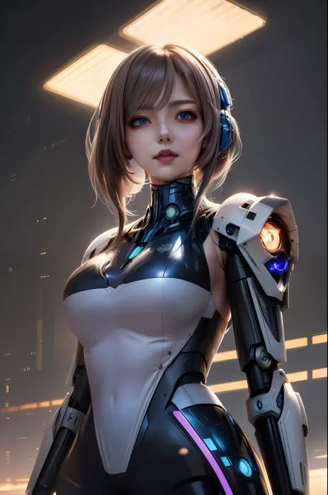 a woman in a futuristic suit，big, biomechanical oppai, an oppai cyberpunk, perfect android girl, girl in mecha cyber armor, gyno...