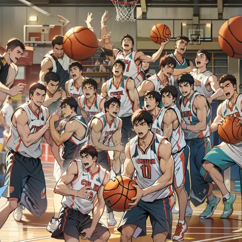 wearing basketball jersey,basketball, full team, wearing track and field suit, opening shot, jinyiwei, extremely quality, playin...