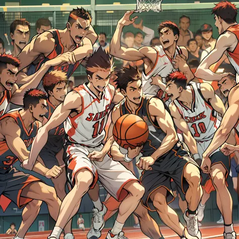 wearing basketball jersey,basketball, full team, wearing track and field suit, opening shot, jinyiwei, extremely quality, playin...