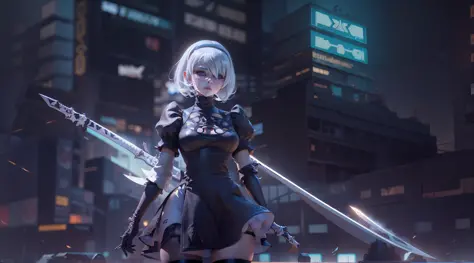 2b nier automata, Yorha Modelo 2, cana, Falda muy, muy corta, ultra realista, kinematics, ultra detallado, Chica de anime con es...