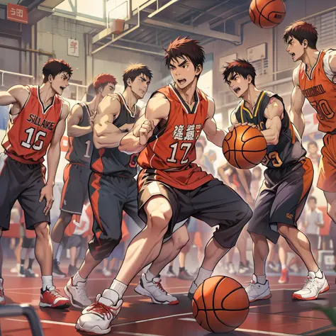 wearing basketball jersey,basketball, full team, wearing track and field suit, opening shot, jinyiwei, extremely quality, playin...