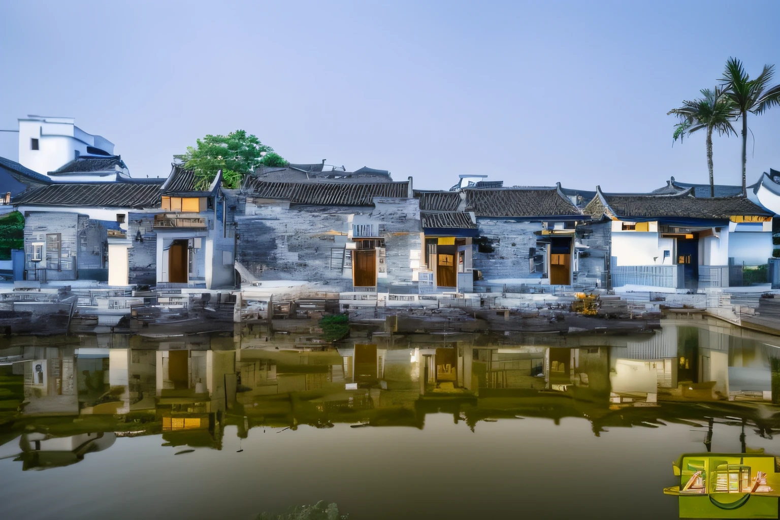 There are many buildings adjacent to bodies of water, Ancient Chinese architecture, Ancient buildings, zhouzhuang ancient town, Chinese architecture, building along a river, Tang Dynasty Palace, Chinese village, Chinese style buildings, historical context, dreamy Chinese towns, Chinese palaces, old asian village, guangjian, ancient city landscape, Chinese tradition, The sky is blue，Remove the watermark from the bottom right corner