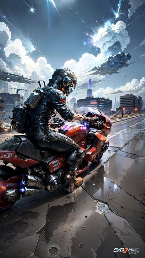 Man on a motorcycle, masterpiece, best quality, man, (muscle), (racing suit), (riding a futuristic motorcycle in the ruins of a ...