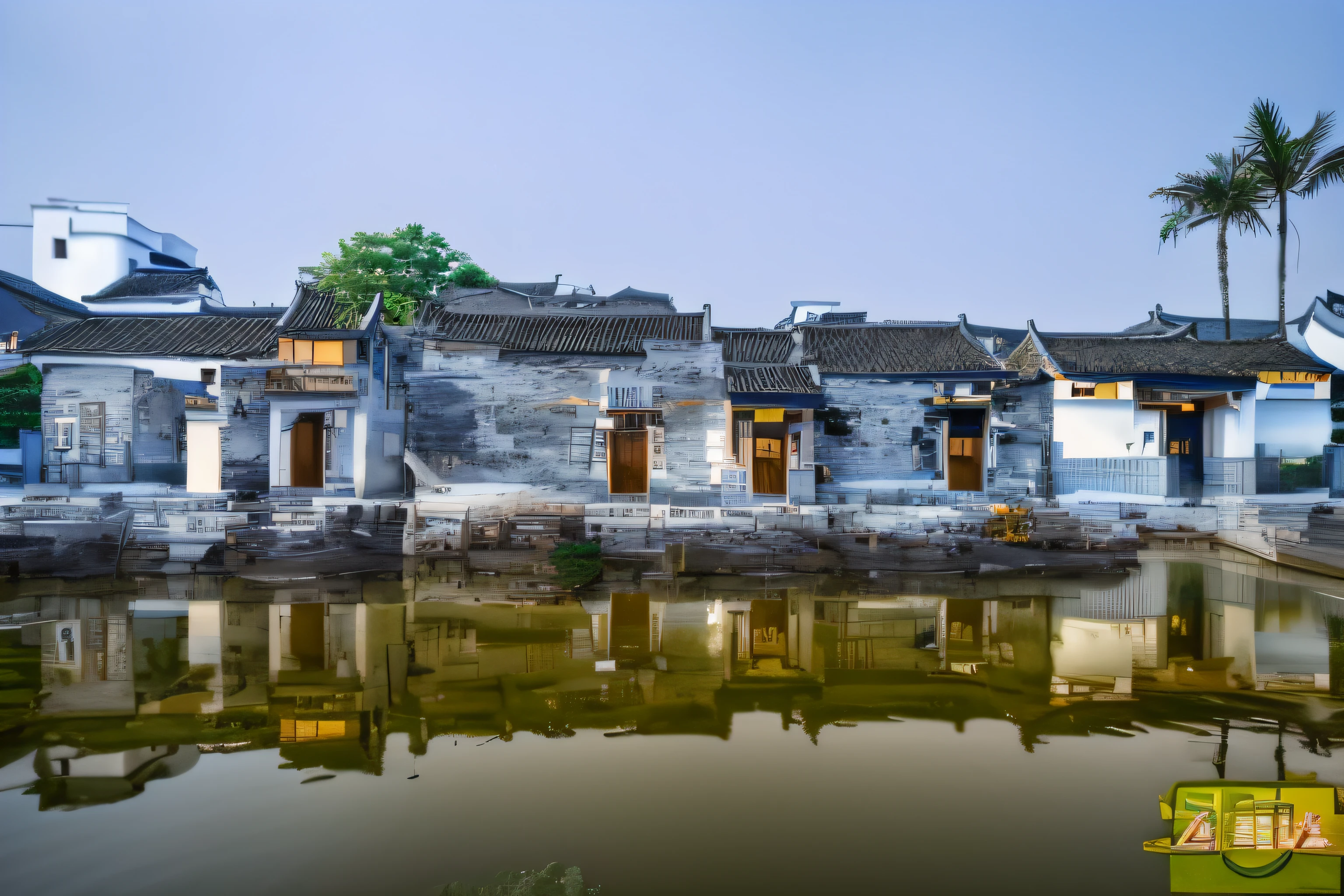 There are many buildings adjacent to bodies of water, Ancient Chinese architecture, Ancient buildings, zhouzhuang ancient town, Chinese architecture, building along a river, Tang Dynasty Palace, Chinese village, Chinese style buildings, historical context, dreamy Chinese towns, Chinese palaces, old asian village, guangjian, ancient city landscape, Chinese tradition, The sky is blue，Remove the watermark from the bottom right corner