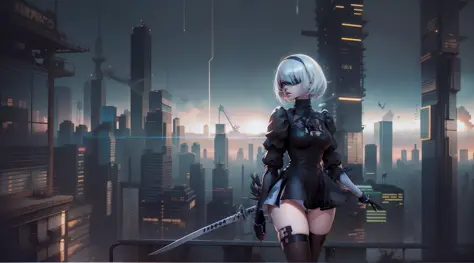 2b nier automata, yorha modelo 2, cana, falda muy, muy corta, ultra realista, kinematics, ultra detallado, chica de anime con es...