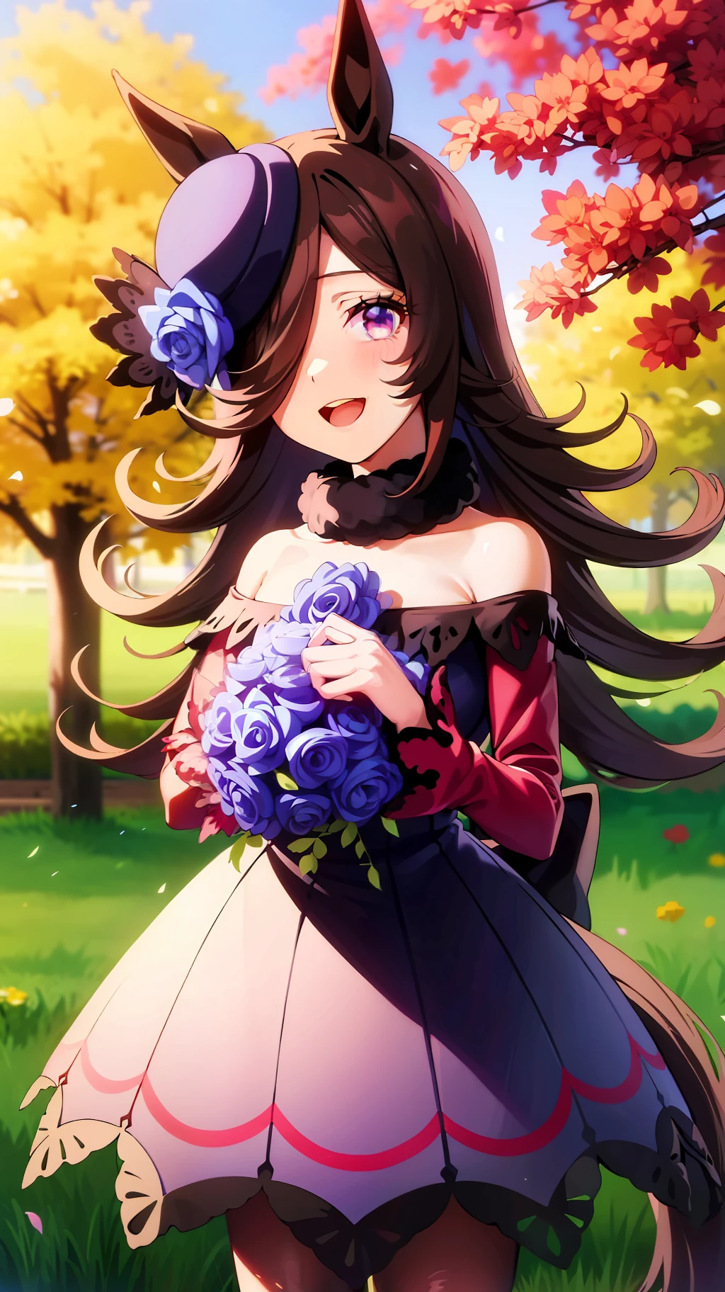 a woman in an anime style dress is standing in some flowers in the grass, 1girl, solo, long hair, horse ears, outdoors, dress, big eyes, off-shoulder dress, pantyhose, hat, pretty girl, off shoulder, looking at viewer, smile, brown hair, bare shoulders, tree, tilted headwear, breasts