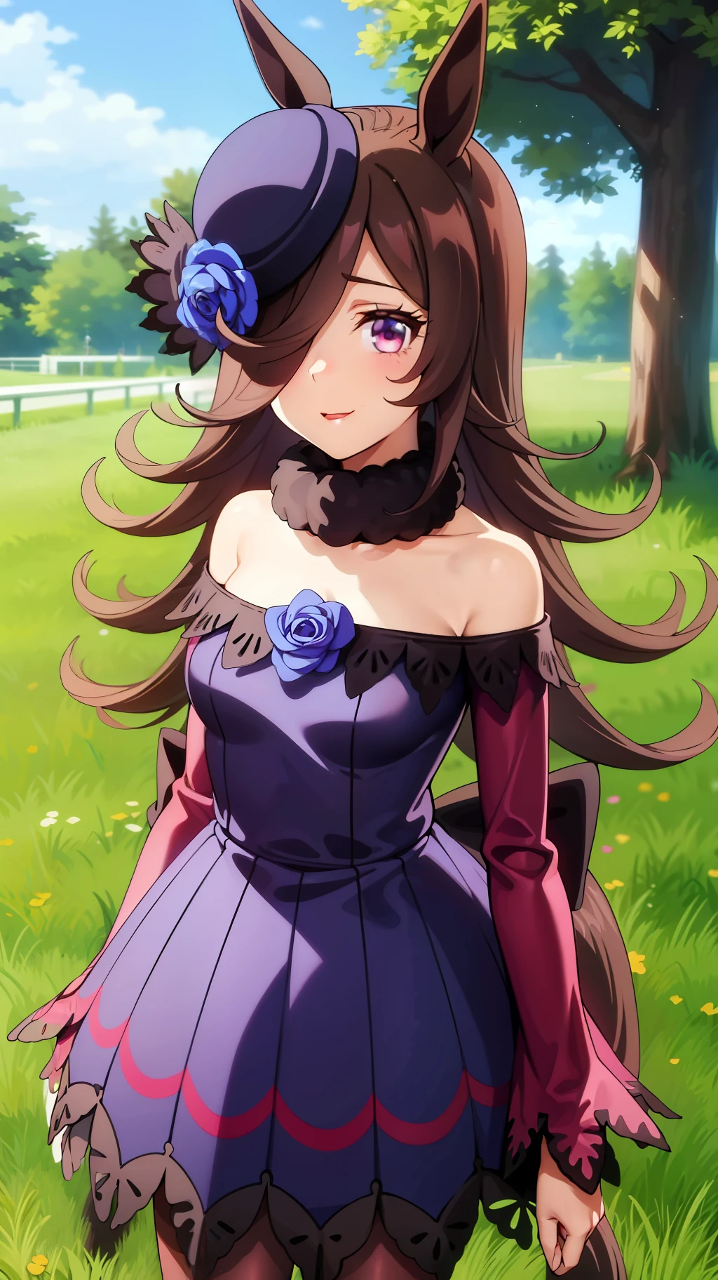 a woman in an anime style dress is standing in some flowers in the grass, 1girl, solo, long hair, horse ears, outdoors, dress, big eyes, off-shoulder dress, pantyhose, hat, pretty girl, off shoulder, looking at viewer, smile, brown hair, bare shoulders, tree, tilted headwear, breasts