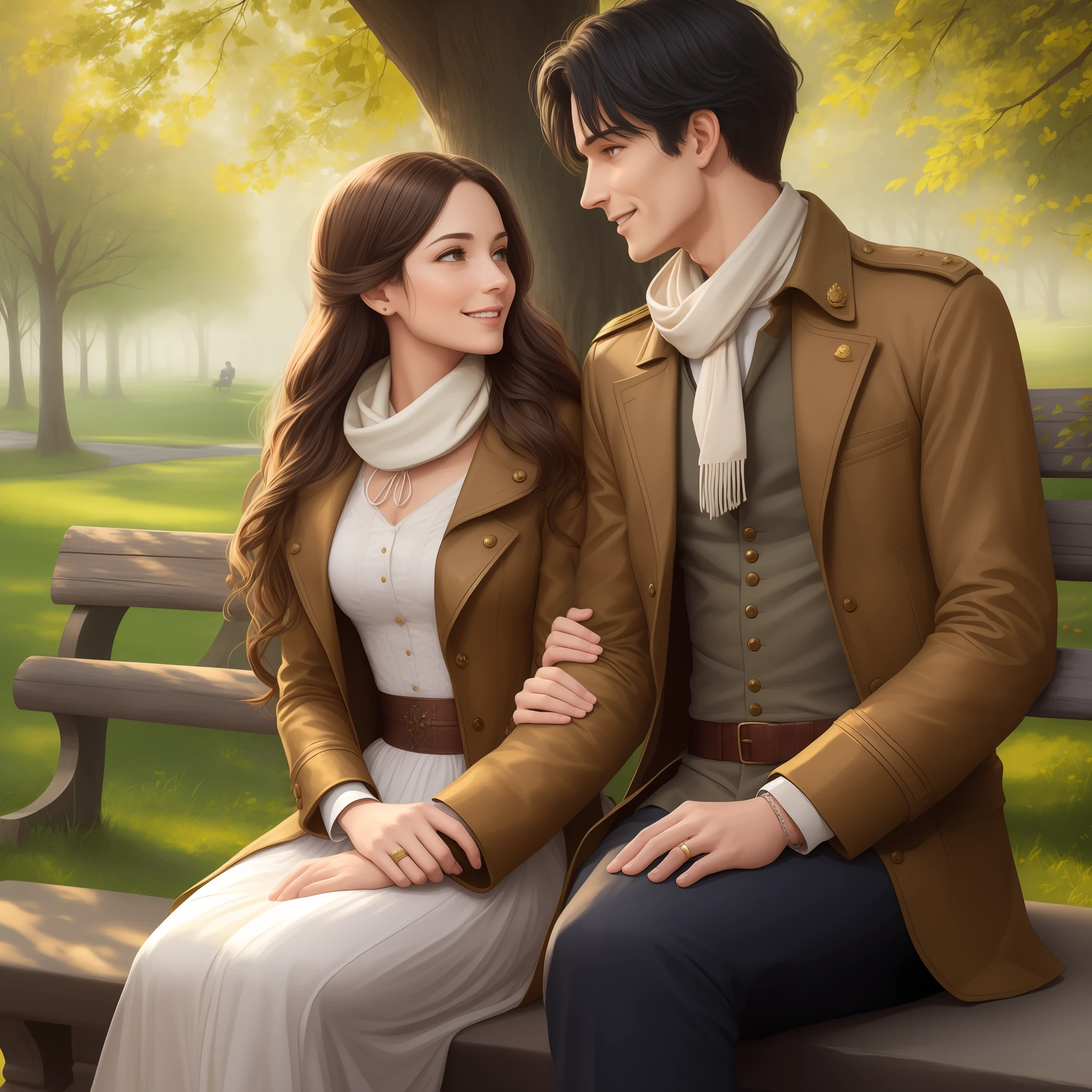 Prompt: Create an illustration of a period romance couple on a walk through the park. The woman has brown hair and is wearing a simple, romantic dress, with a scarf around his neck. The man has messy black hair and is wearing a relaxed military uniform, com o colarinho desabotoado. They're sitting on a bench, conversando animadamente e rindo, enquanto folhas de outono caem ao seu redor. Be sure to capture the romantic and cozy atmosphere of the park with rich details, like trees with colorful leaves and a cobblestone path. The lighting should reflect the late afternoon, with golden rays of sunshine piercing through the treetops. The expression on the couple's face should convey happiness and emotional connection. Bring the colors and textures of the costumes and scenery to life to create a charming and nostalgic illustration. Trajes do seculo xix, periodo regencial.