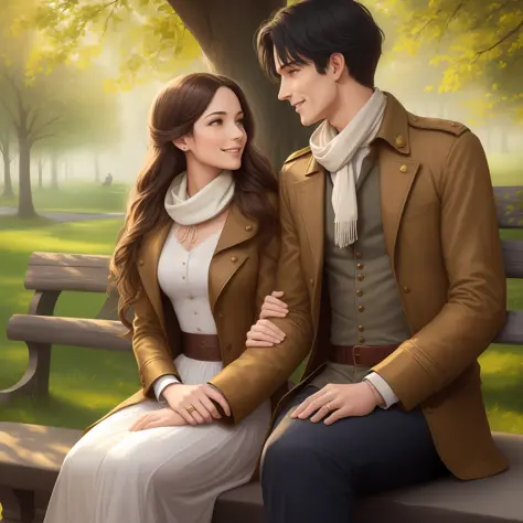 Prompt: Create an illustration of a period romance couple on a walk through the park. The woman has brown hair and is wearing a ...