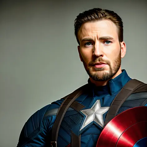 Portrait of the person of Chrisevans as Captain America, professional photography,