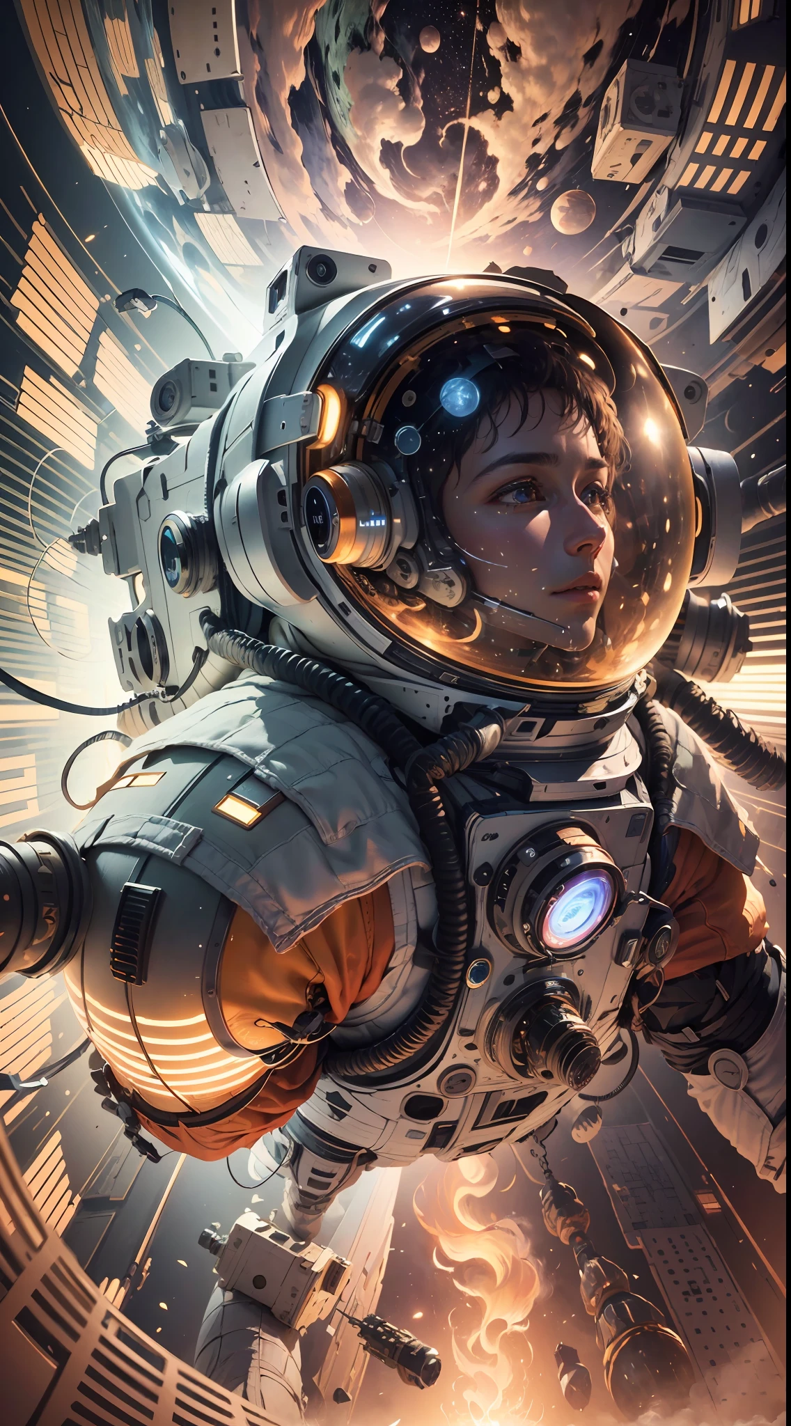 ((Masterpiece)), (Best Quality)), 8K, high detail, hyper-detail, the painting depicts a scene of breathtaking magnificent spatial images. The picture shows a man wearing a spacesuit, facing back, looking at another glowing planet in space. The scenes are extremely detailed and the clarity is extraordinary, capturing every intricate detail of the panorama.