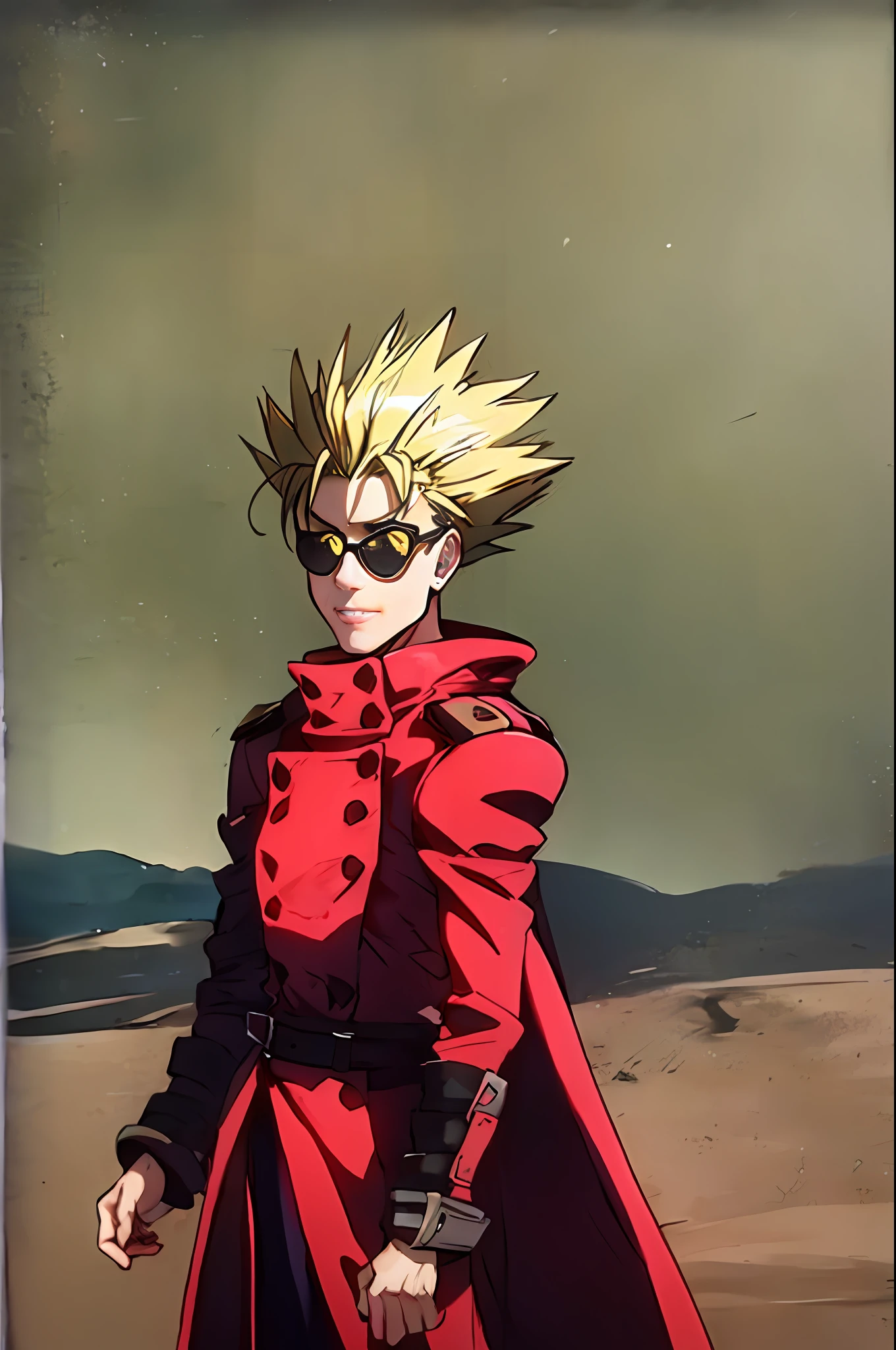 ((1man)), (Vash Stampede), yellow hair, (long red coat:1.0), (yellow eyewear:1.2), standing, (portrait:1.2), desert background, (masterpiece, best quality),