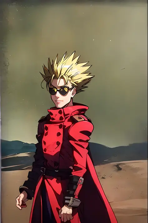 ((1man)), (vash stampede), yellow hair, (long red coat:1.0), (yellow eyewear:1.2), standing, (portrait:1.2), desert background, ...