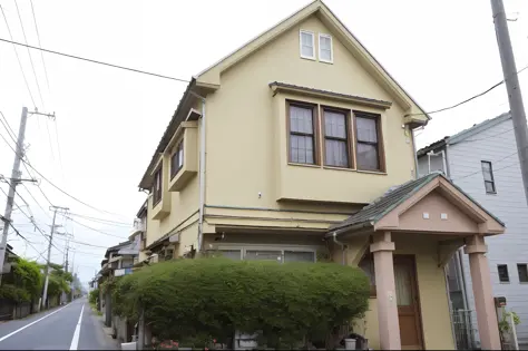 there is a motorcycle parked in front of a house on the street, japanese house, residential area, one house, complete house, fro...