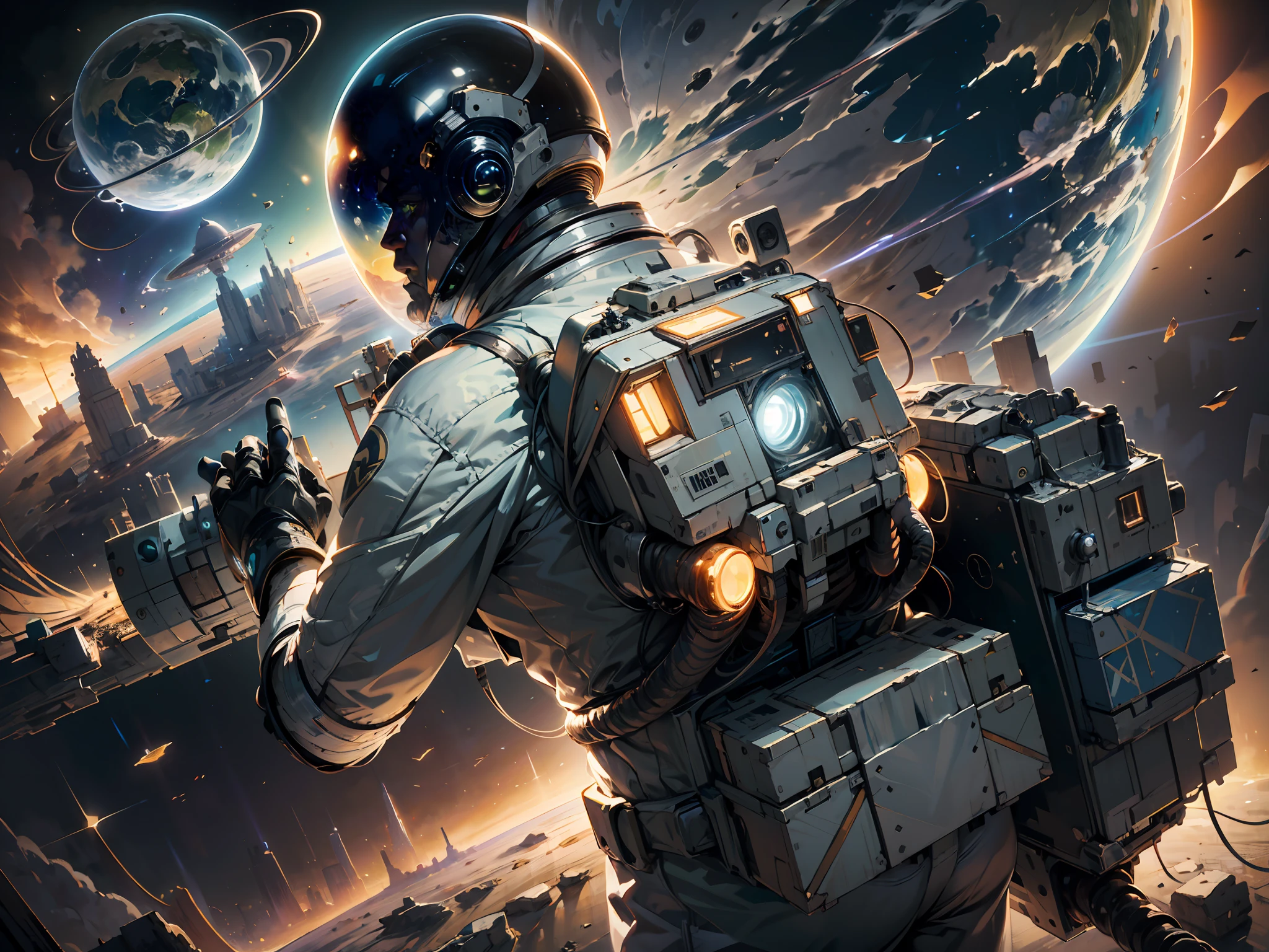 ((Masterpiece)), (Best Quality)), 8K, high detail, hyper-detail, the painting depicts a scene of breathtaking magnificent spatial images. The picture shows a man wearing a spacesuit, facing back, looking at another glowing planet in space. The scenes are extremely detailed and the clarity is extraordinary, capturing every intricate detail of the panorama.