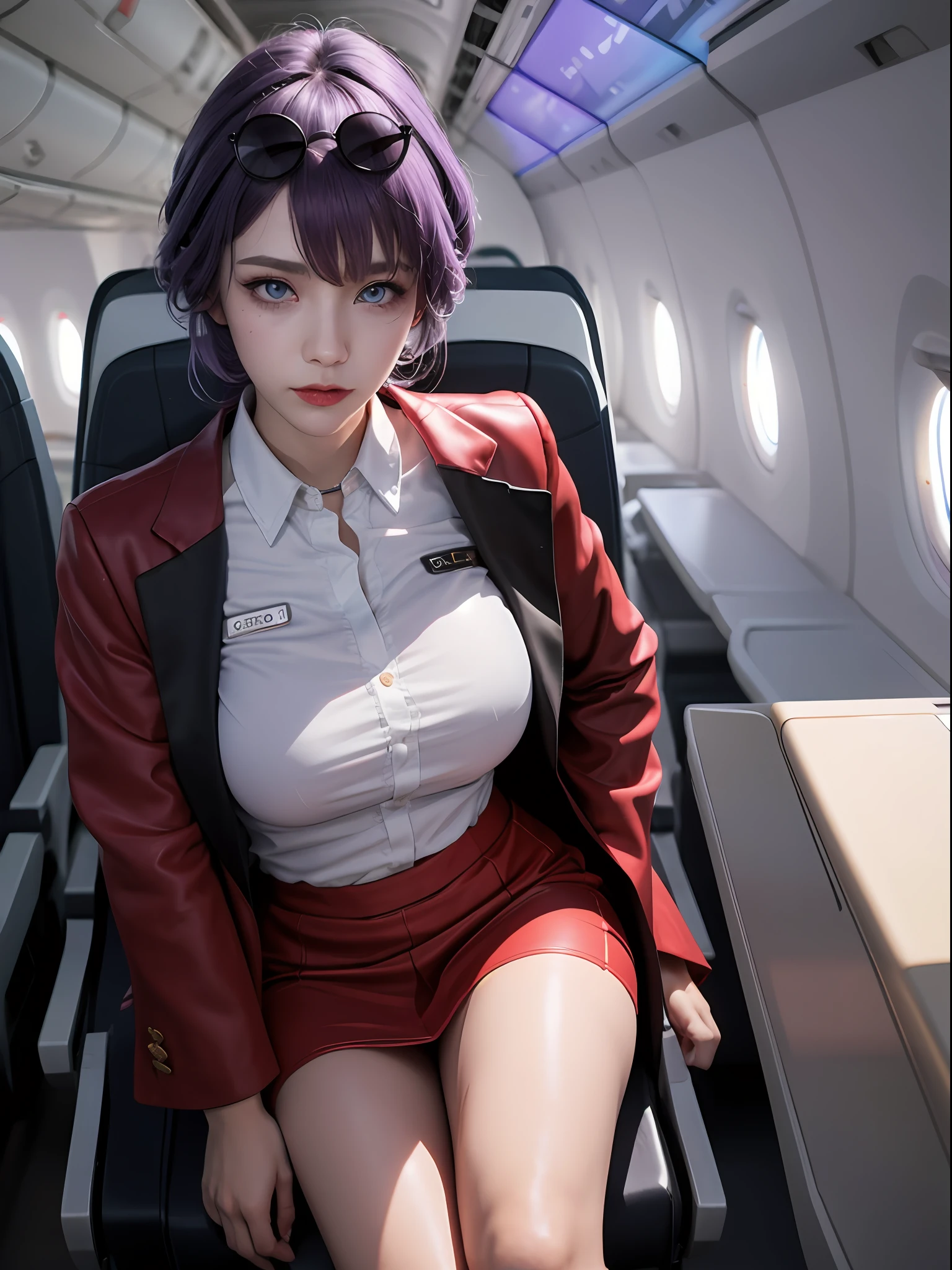 (Best quality: 1.1), (Realistic: 1.1), (Photography: 1.1), (highly details: 1.1), (1womanl), Airline flight attendant,red coat,white Shirt,Short skirt,black lence stockings,bent down,In the plane,Kafka,HKS,Purple eyes, Purple hair, eyewear on head, sunglasses,large breasts,